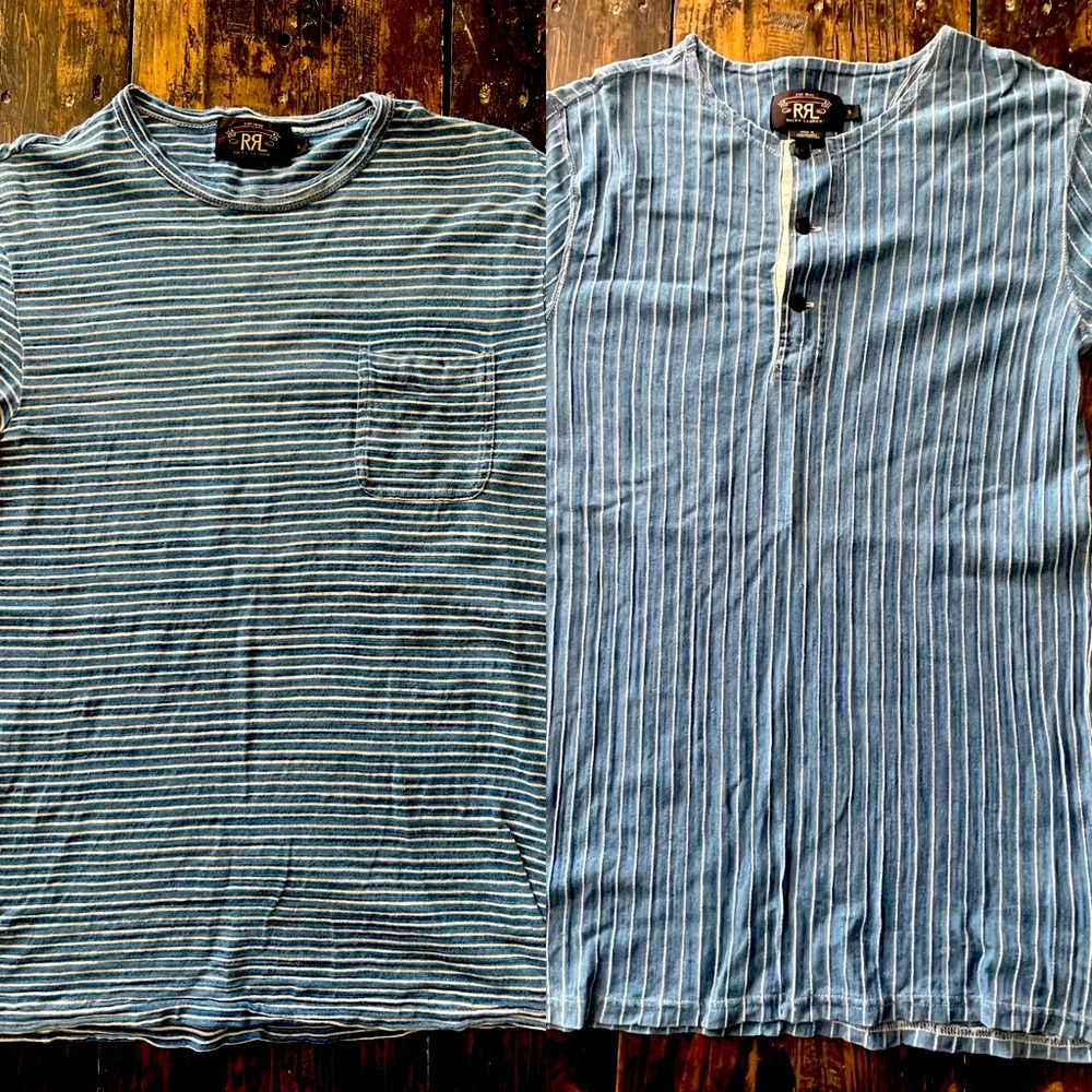 Two (2) Double RL RRL Indigo Stripe Short sleeve Shirts Size SMALL